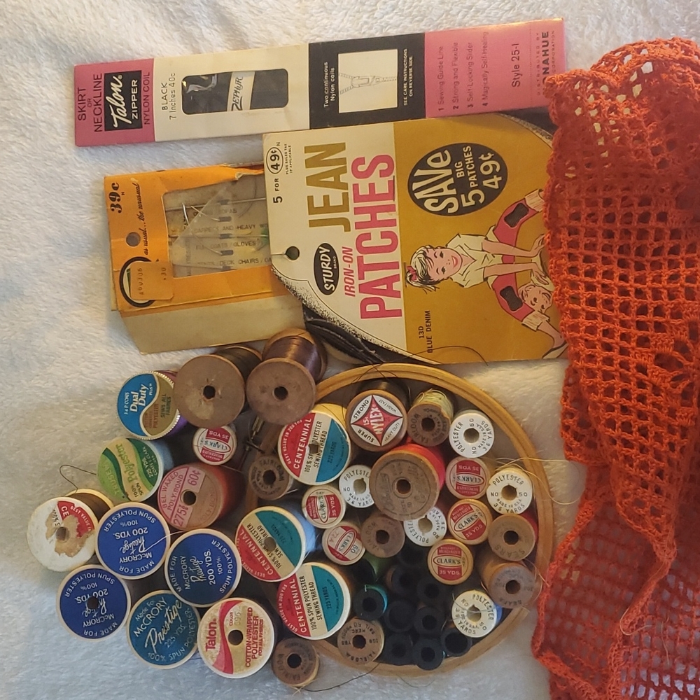 Vintage Sewing lot includes homemade bag , sewing thread and more